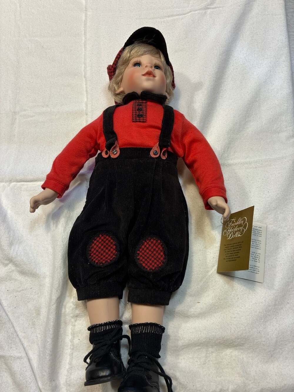 Franklin Heirloom Dolls Bisque Porcelain Boy Doll in Red Shirt and Black Corduro